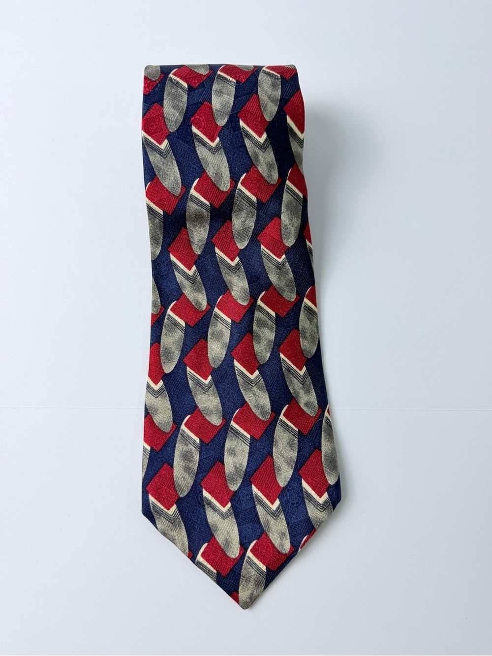 Barry Wells Men’s Neck Tie Blue Red Gray Abstract Geometric Pattern Vintage